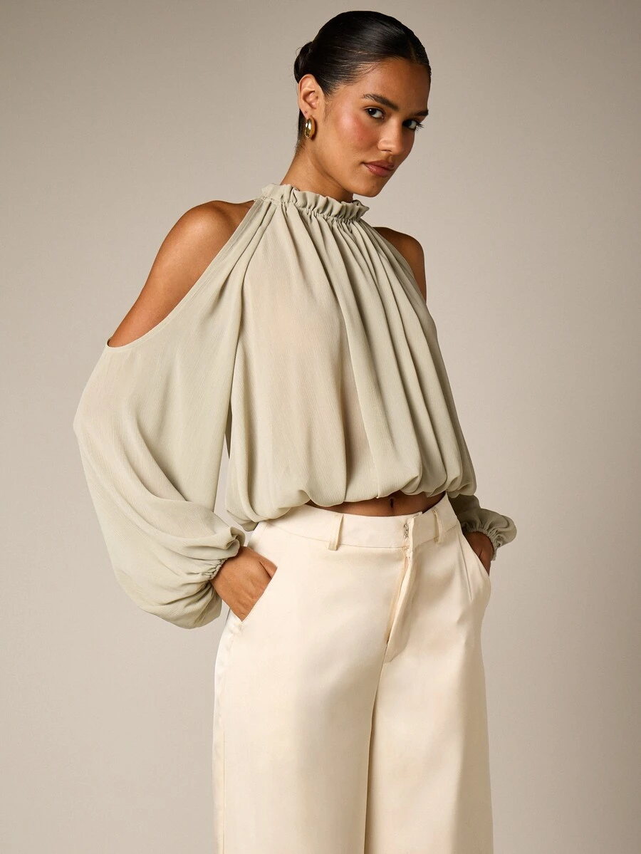 AiiRZ Cold Shoulder High Neck Crop Blouse With Batwing Long Sleeves Ruched Neckline Tie Back Draped Chiffon Top Summer Party - Green - View 1
