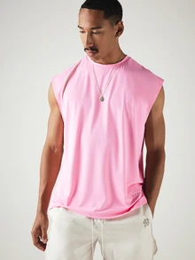SUMWON Sleeveless Crew Neck Mesh Muscle Tee With Dropped Armholes Regular Fit Solid Color Summer Tank Top - Pink - View 4