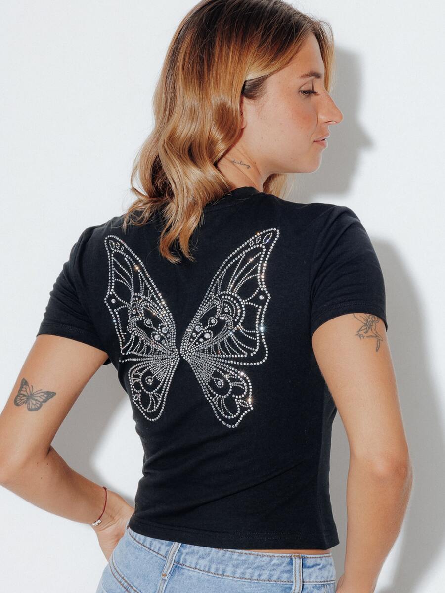 Pimkie Edition Women's Fashion Street Casual Streetwear Rhinestone Round Neck Short Sleeve T-Shirt For Daily Wear School Everyday Black And White Summer - Black - View 1