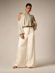AiiRZ Cold Shoulder High Neck Crop Blouse With Batwing Long Sleeves Ruched Neckline Tie Back Draped Chiffon Top Summer Party - Green - View 4