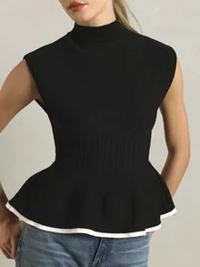 KSTM Sleeveless Mock Neck Peplum Knit Top With White Contrast Trim Hem Fitted Waist Flared Ruffle Detail Fall Winter Essential - Black - View 1