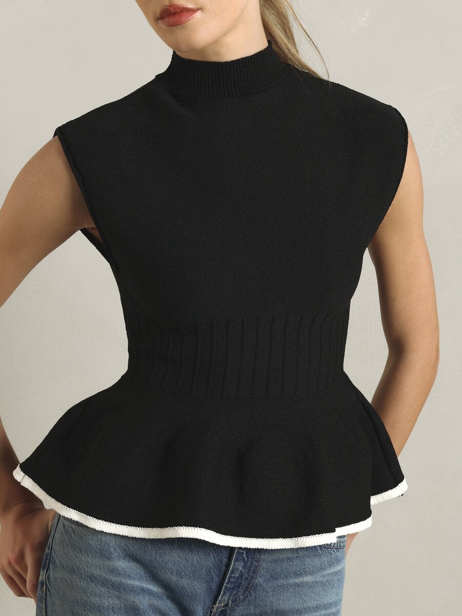 KSTM Sleeveless Mock Neck Peplum Knit Top With White Contrast Trim Hem Fitted Waist Flared Ruffle Detail Fall Winter Essential - Black - View 1