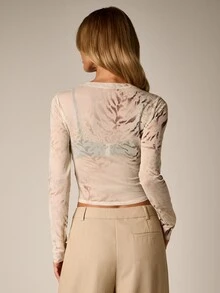 AiiRZ Sheer Mesh Long Sleeve Crop Top With Abstract Animal Print Crew Neck Form Fitting Semi-Transparent Spring Summer Style - Multicolor - View 2