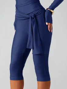 MISSGUIDED 高腰修身彈性七分緊身褲，附腰部交叉綁帶設計 - 藏蓝色 - 查看 6