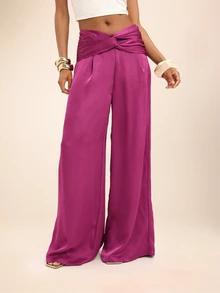 Dancing Leopard Purple Satin Wide Leg Twist Front Pants, Holiday/Vacation Wear - Purple - View 5