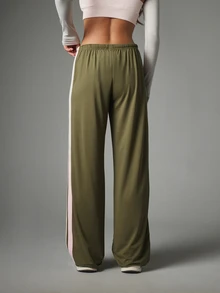 MISSGUIDED Wide Leg Track Pants With Contrast Side Stripe Detail Elastic Drawstring Waist Full Length Relaxed Fit Casual Style - Army Green - View 3