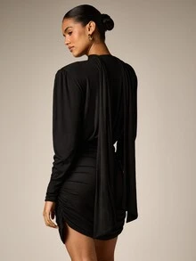 AiiRZ Deep Plunge Choker Neck Ruched Bodycon Mini Dress With Batwing Sleeves And Dramatic Back Drape Detail For Party Evening Occasion - Black - View 3