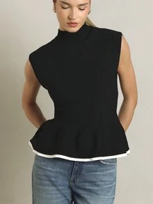 KSTM Sleeveless Mock Neck Peplum Knit Top With White Contrast Trim Hem Fitted Waist Flared Ruffle Detail Fall Winter Essential - Black - View 2