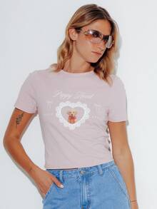 Pimkie Edition Women's Graphic Tee, Puppy Print, Short Sleeve, Regular Fit, Casual Cute Y2k Everyday Wear Everyday Date Dusty Pink Summer - Pink - View 5