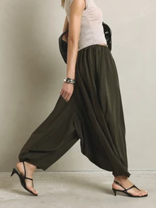 KSTM Olive Harem Balloon Pants With Elastic Drawstring Waist Draped Silhouette Maxi Length Casual Loose Fit Summer Trousers - Army Green - View 3
