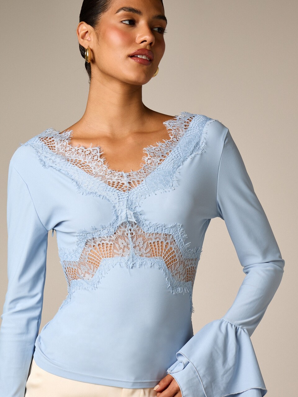 AiiRZ V-Neck Bell Sleeve Blouse With Lace Panel Detail