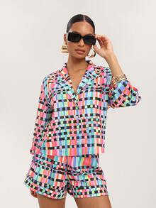 Dancing Leopard Rainbow Geometric Print High-Waisted Wide-Leg Shorts, Holiday/Vacation Wear - Multicolor - View 4