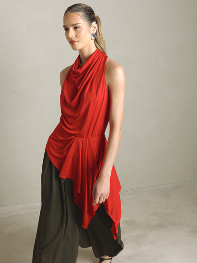 KSTM Asymmetric Cowl Neck Draped Halter Blouse With Ruched Waist Detail Sleeveless Satin Finish Longline Top For Evening Party
