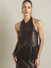 KSTM Faux Leather Halter Neck Fringe Hem Top Backless Sleeveless Party Night Out Crop Blouse Fall Winter Festival - Brown - View 2
