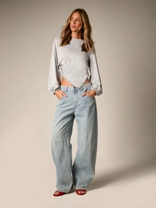 AiiRZ Long Sleeve Crew Neck Crop Top With Side Ruching And Puff Cuffs Open Back Detail Casual Spring Summer Essential - Grey - View 5