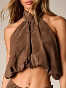 AiiRZ Halter Neck Suede Crop Top With Gathered Drape And Tie Back Detail For Summer Festival Party Nights - Brown - View 6