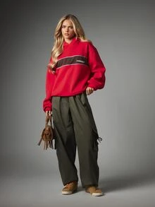 MISSGUIDED Oversized Color Block Hoodie With Logo Chest Print Long Sleeve Pullover Casual Weekend Fleece Sweatshirt - Red - View 4