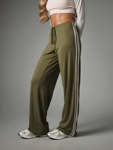 MISSGUIDED Wide Leg Track Pants With Contrast Side Stripe Detail Elastic Drawstring Waist Full Length Relaxed Fit Casual Style - Army Green - View 1
