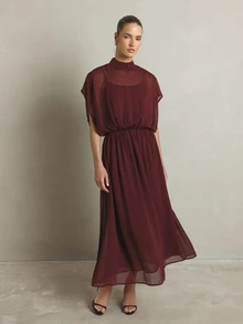 KSTM Chiffon Midi Dress With High Neck Elastic Waist Boxy Short Sleeve Flowy A-Line Skirt Wedding Guest Evening - Brown - View 2