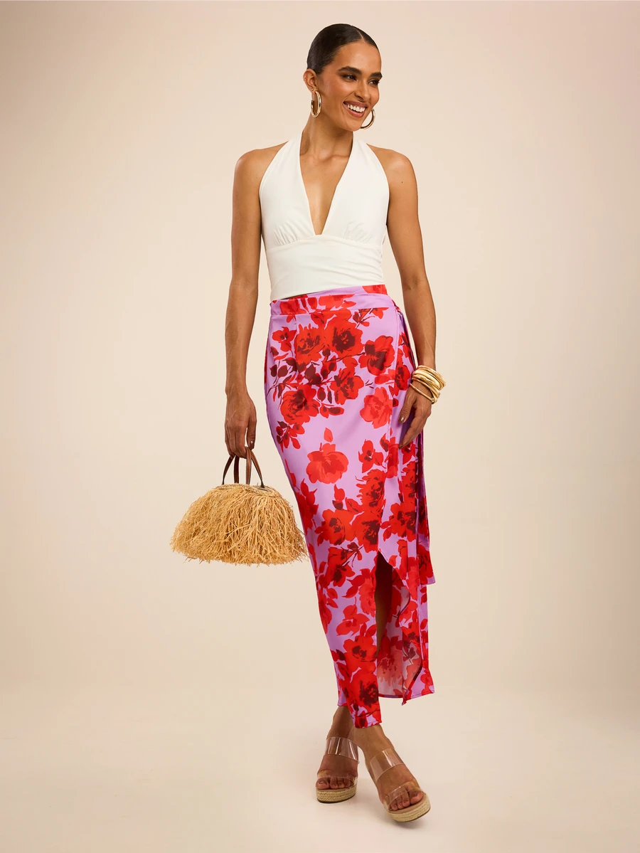 Dancing Leopard Pink Floral Wrap Tie Side Skirt, Holiday/Vacation Wear - Pink - View 1