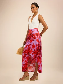 Dancing Leopard Pink Floral Wrap Tie Side Skirt, Holiday/Vacation Wear - Pink - View 3