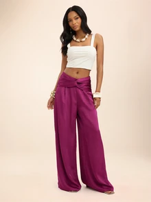 Dancing Leopard Purple Satin Wide Leg Twist Front Pants, Holiday/Vacation Wear - Purple - View 4