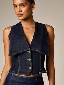 AiiRZ Dark Wash Denim Cropped Vest With Wide Lapel Collar Gold Dome Buttons And Contrast Stitching Detail - Dark Wash - View 2