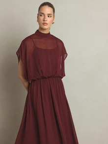 KSTM Chiffon Midi Dress With High Neck Elastic Waist Boxy Short Sleeve Flowy A-Line Skirt Wedding Guest Evening - Brown - View 4