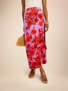 Dancing Leopard Pink Floral Wrap Tie Side Skirt, Holiday/Vacation Wear - Pink - View 6