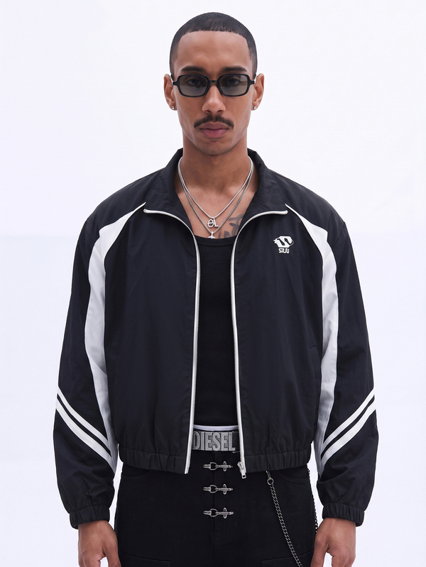SUMWON Retro Windbreaker Jacket With Contrast Side Panels White Stripe Detail Full Zip Closure Point Collar Elasticated Hem And Cuffs