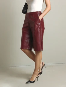 KSTM Faux Leather High Rise Bermuda Shorts With Wide Leg Silhouette Knee Length Side Pockets Paneled Seam Detail Fall Winter - Burgundy - View 4