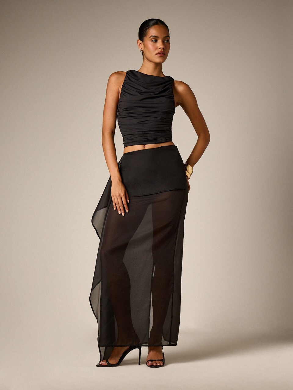 AiiRZ Sheer Chiffon Maxi Skirt With Asymmetric Draped Hem