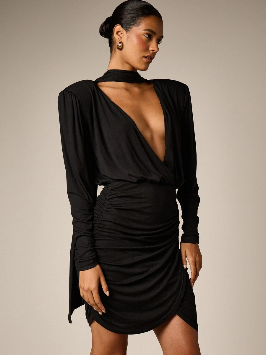 AiiRZ Deep Plunge Choker Neck Ruched Bodycon Mini Dress With Batwing Sleeves And Dramatic Back Drape Detail For Party Evening Occasion - Black - View 1