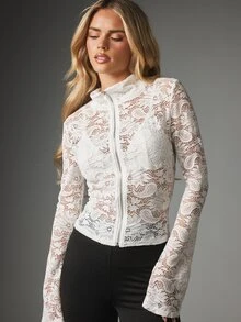 MISSGUIDED Floral Lace Long Bell Sleeve High Neck Front Zip Blouse Sheer Semi-Transparent Fitted Top Spring Party Night Out - White - View 5
