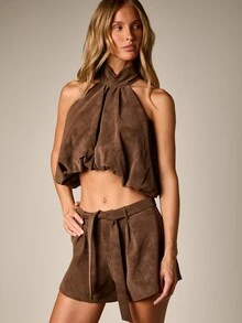 AiiRZ Halter Neck Suede Crop Top With Gathered Drape And Tie Back Detail For Summer Festival Party Nights - Brown - View 1