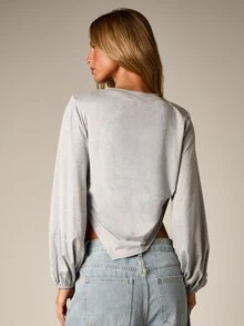 AiiRZ Long Sleeve Crew Neck Crop Top With Side Ruching And Puff Cuffs Open Back Detail Casual Spring Summer Essential - Grey - View 2