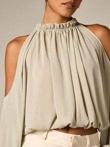 AiiRZ Cold Shoulder High Neck Crop Blouse With Batwing Long Sleeves Ruched Neckline Tie Back Draped Chiffon Top Summer Party - Green - View 6
