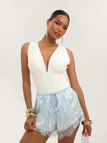 Dancing Leopard Light Blue Satin Lace-Trim Drawstring Shorts, Holiday/Vacation Wear Lounge Summer Sexy - Blue - View 3