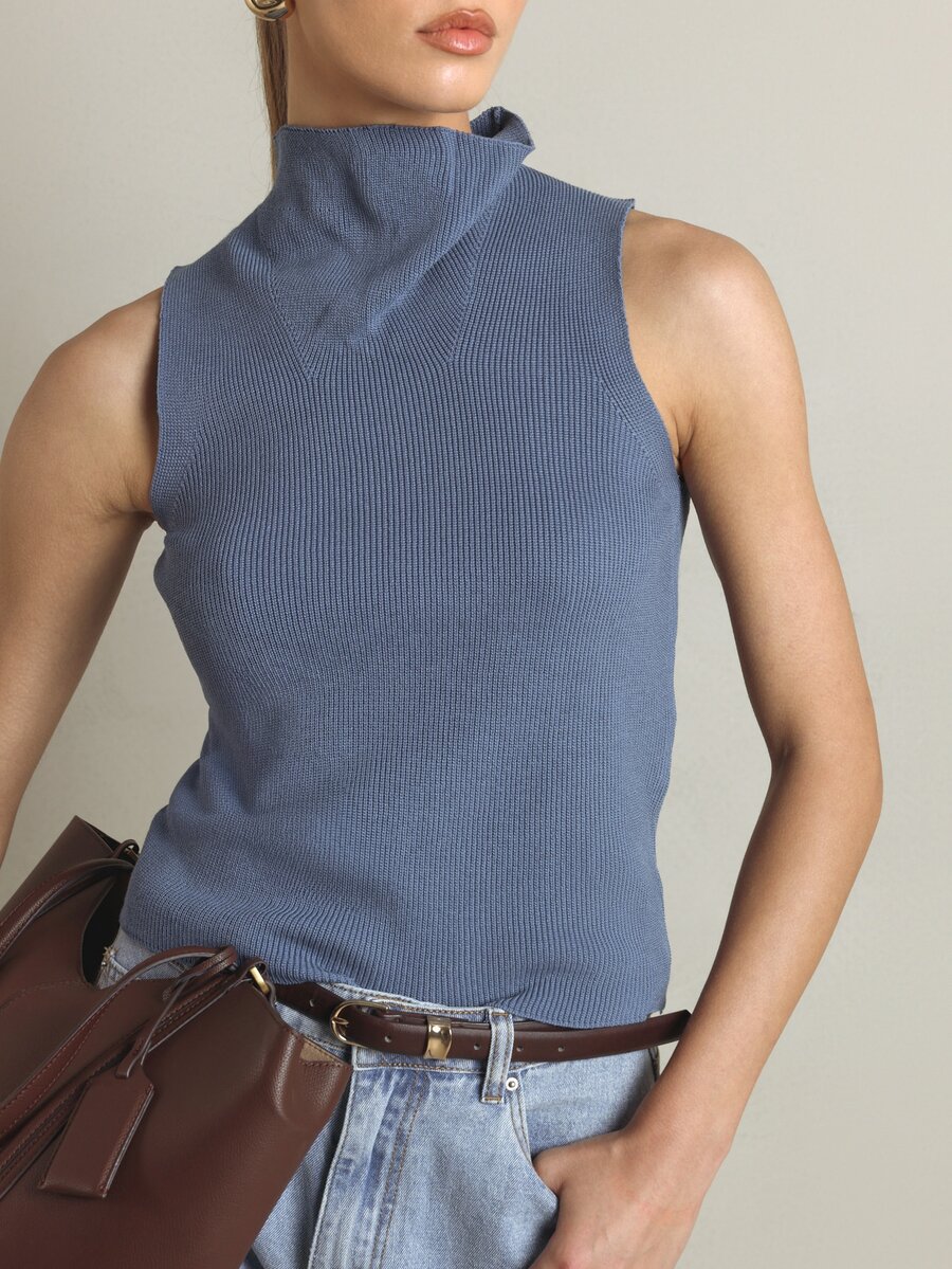 KSTM Ribbed Knit Sleeveless Turtleneck Top Slim Fit Mock Neck Vest Perfect For Spring Summer Casual Everyday Layering - Dusty Blue - View 1