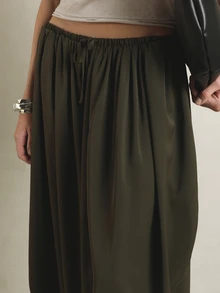 KSTM Olive Harem Balloon Pants With Elastic Drawstring Waist Draped Silhouette Maxi Length Casual Loose Fit Summer Trousers - Army Green - View 5