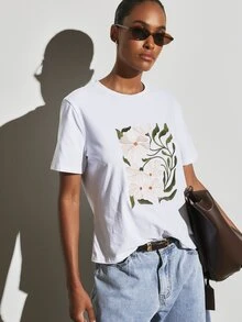 KSTM Floral Embroidered Crew Neck Short Sleeve Cotton T-Shirt With Daisy Flower Motif Perfect For Spring Summer Casual Everyday Wear - Multicolor - View 3