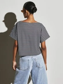 KSTM Ribbed Knit Boat Neck Crop Top Short Sleeve Boxy Fit Horizontal Stripe Summer Casual Coastal Everyday Style Brunch Travel Dark Grey - Multicolor - View 5
