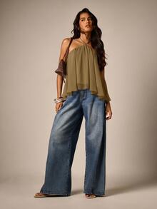 AiiRZ Halter Neck Chiffon Cami Top With Flowy Swing Silhouette Open Back Tie Closure And Asymmetric Hem Summer Party Top - Army Green - View 4