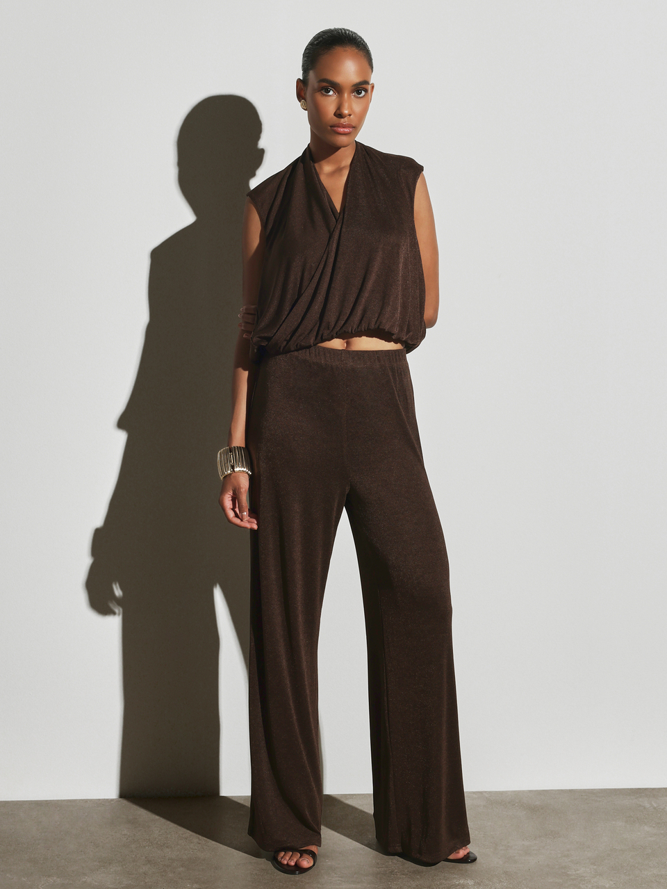 KSTM Wrap V-Neck Sleeveless Crop Top And High Rise Wide Leg Palazzo Pants Co-Ord Set Draped Ruched Knit Two-Piece Outfit