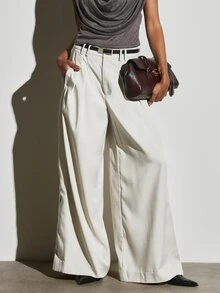 KSTM Wide Leg Pleated Dress Pants High Rise Full Length Tailored Trousers Flowy Formal Office Spring Summer Occasion Bottoms - Light Grey - View 1