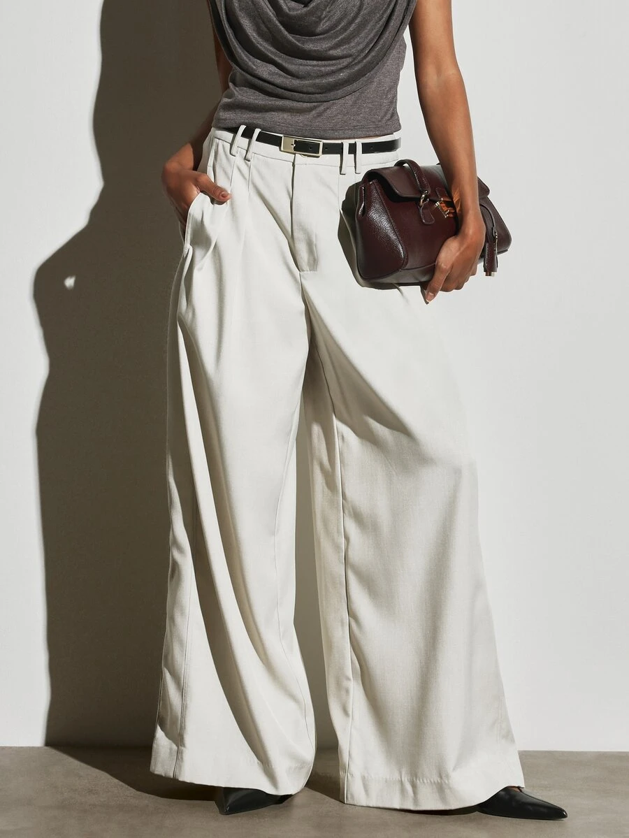 KSTM Wide Leg Pleated Dress Pants High Rise Full Length Tailored Trousers Flowy Formal Office Spring Summer Occasion Bottoms - Light Grey - View 1