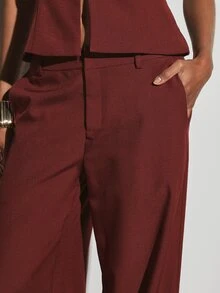 KSTM Wide Leg Dress Pants With Side Split Hem And Side Pockets In Rich Burgundy Tailored Suiting Fabric For Autumn Office Party Casual Elegant - Brown - View 6