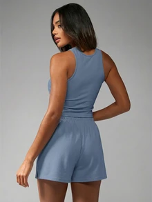 MISSGUIDED Ribbed Racerback Crop Tank Top With High Neck And Cropped Hem With Matching Shorts Summer Casual Sleeveless Top For Everyday Wear - Blue - View 2