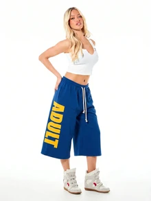 SUMWON WOMEN Wide Leg Culottes With Vertical Graphic Text Print, Elastic Drawstring Waist, Relaxed Fit Mid-Calf Length Fleece Shorts - Navy Blue - View 3