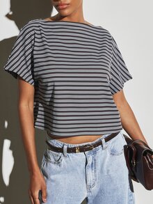 KSTM Ribbed Knit Boat Neck Crop Top Short Sleeve Boxy Fit Horizontal Stripe Summer Casual Coastal Everyday Style Brunch Travel Dark Grey - Multicolor - View 4